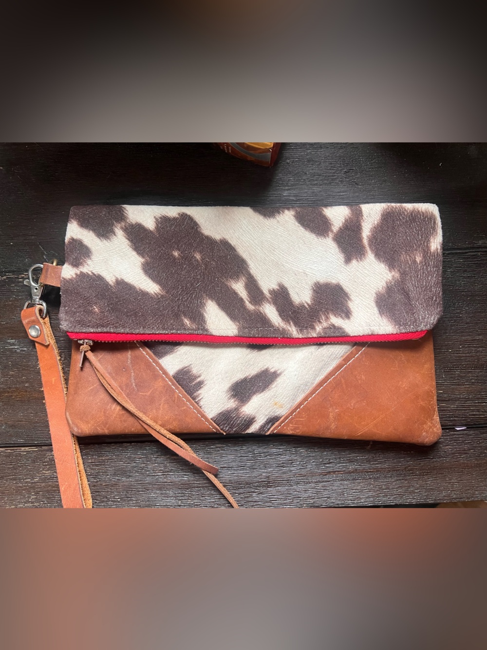 Leather & Cowhide Foldover Mini Clutch in Brown and White